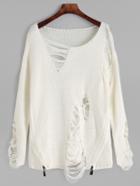Romwe White Distressed Zipper Side Sweater
