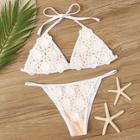 Romwe Guipure Lace Piping Trim Triangle Halter Bikini Set