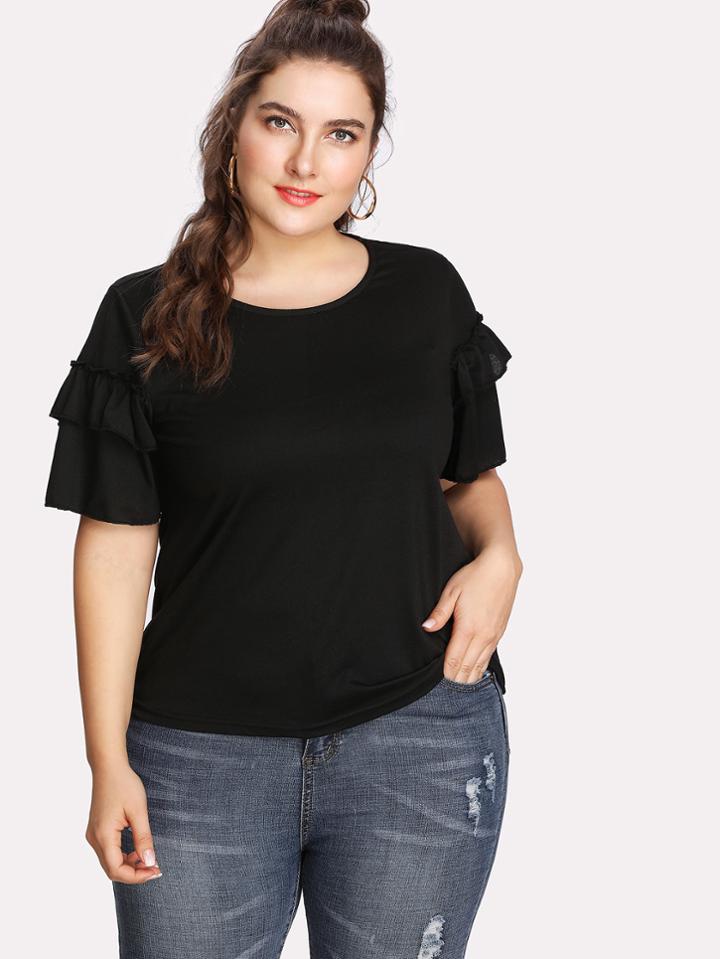 Romwe Ruffle Sleeve Solid Tee