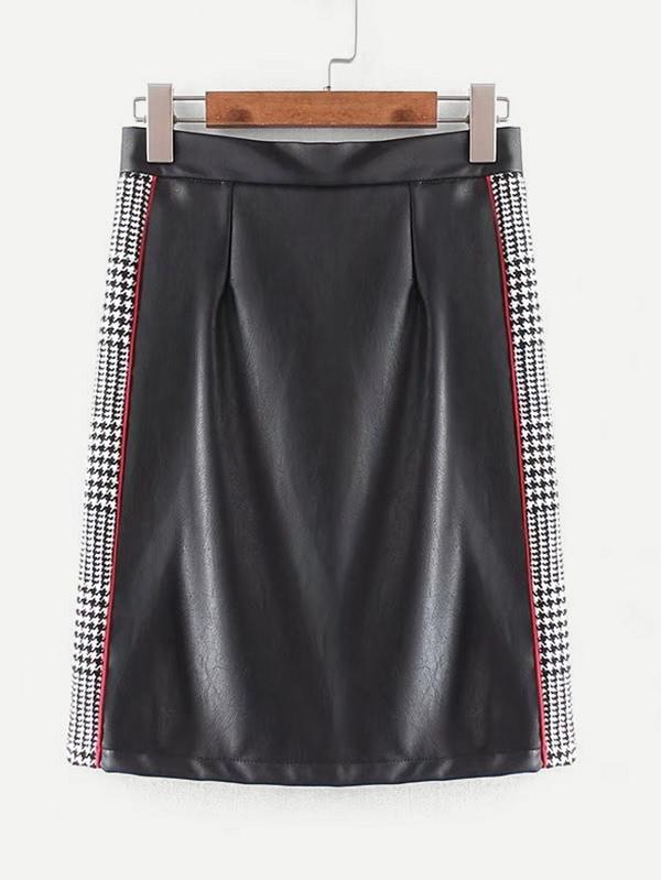 Romwe Houndstooth Tape Pu Skirt