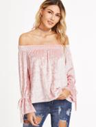 Romwe Pink Off The Shoulder Drawstring Cuff Velvet Top