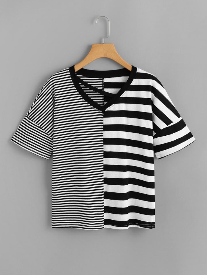 Romwe Drop Shoulder Cut Out Neck Striped Tee