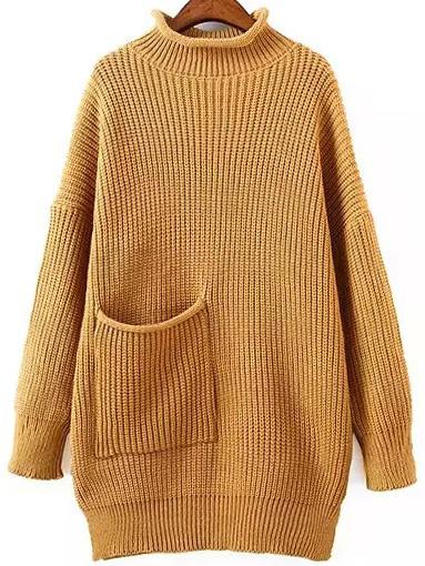 Romwe High Neck Loose Khaki Sweater With Pocket