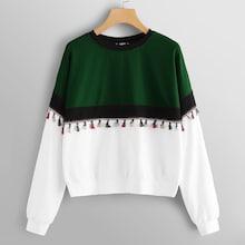 Romwe Tassel Detail Color Block Pullover