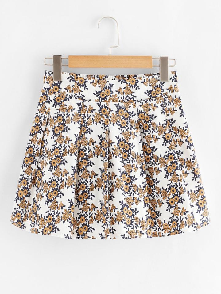 Romwe Floral Print Pleated Skirt