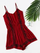 Romwe Floral Embroidered Pleated Cami Romper