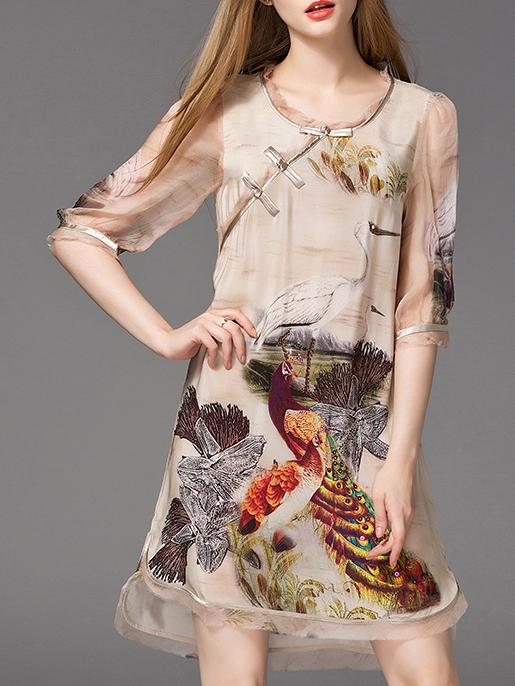 Romwe Apricot Peacock Crane Print High Low Dress