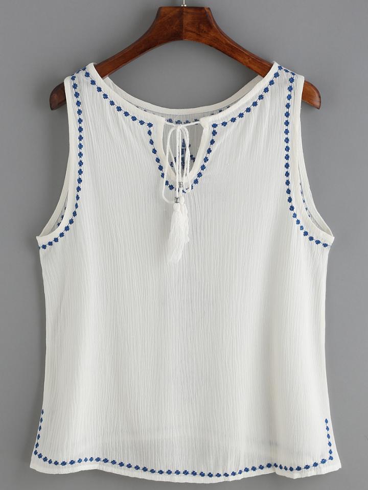 Romwe Embroidered Keyhole Lace Up Chiffon Tank Top
