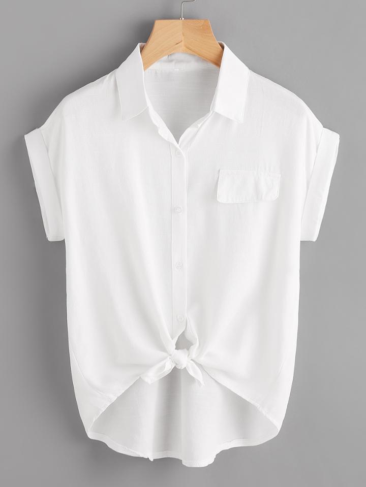 Romwe Rolled Cuff Knotted Hem Shirt