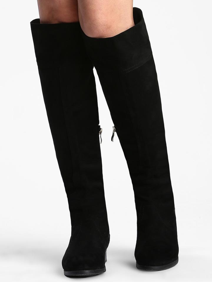 Romwe Black Tassel Suede High Boots