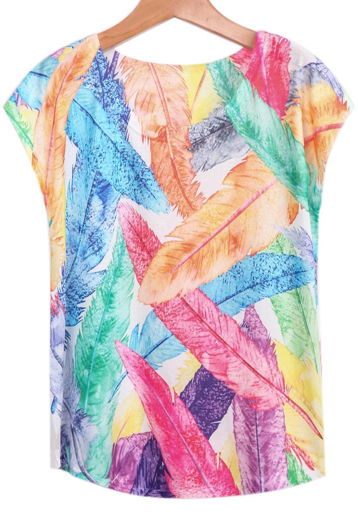 Romwe Multicolor Feather Print T-shirt
