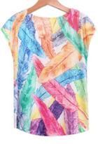 Romwe Multicolor Feather Print T-shirt