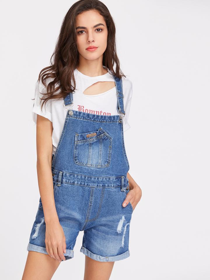 Romwe Ripped Rolled Hem Denim Overall Shorts