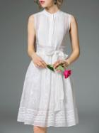 Romwe White Pleated Embroidered Tie-waist Dress