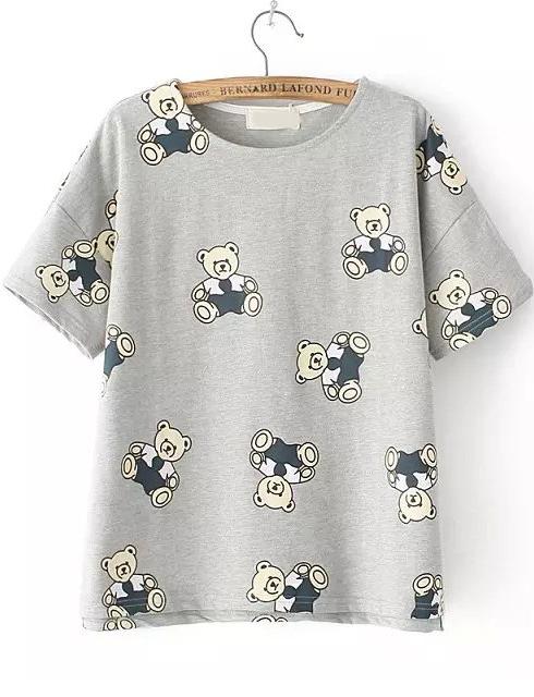 Romwe Dip Hem Cubs Print Grey T-shirt