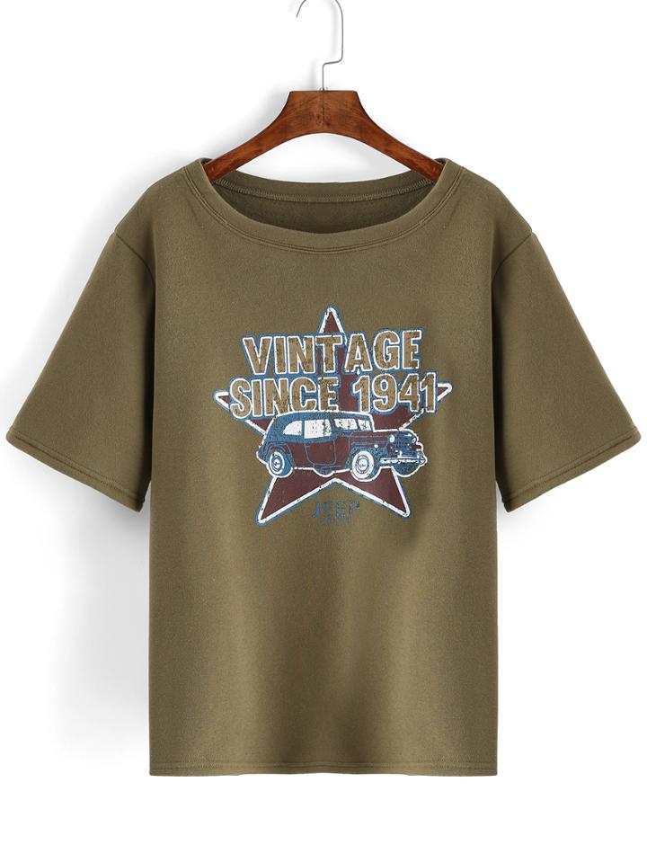 Romwe Letter Print Army Green T-shirt