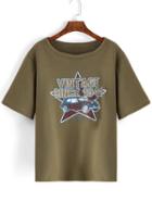 Romwe Letter Print Army Green T-shirt