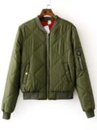 Romwe Army Green Zipper Up Quilted Padded Bomber Jacket