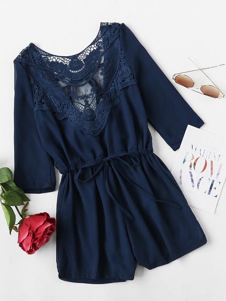 Romwe Lace Panel Tie V Back Drawstring Waist Romper