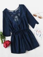 Romwe Lace Panel Tie V Back Drawstring Waist Romper