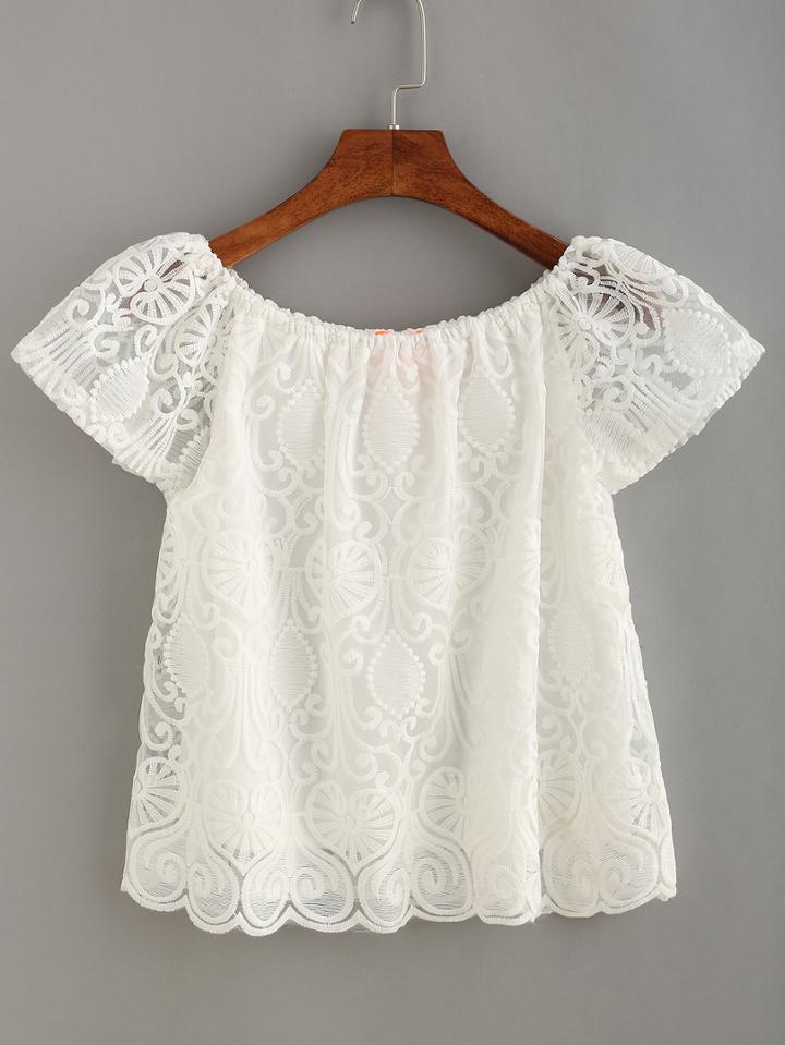 Romwe Scalloped Hem Embroidered Mesh Top