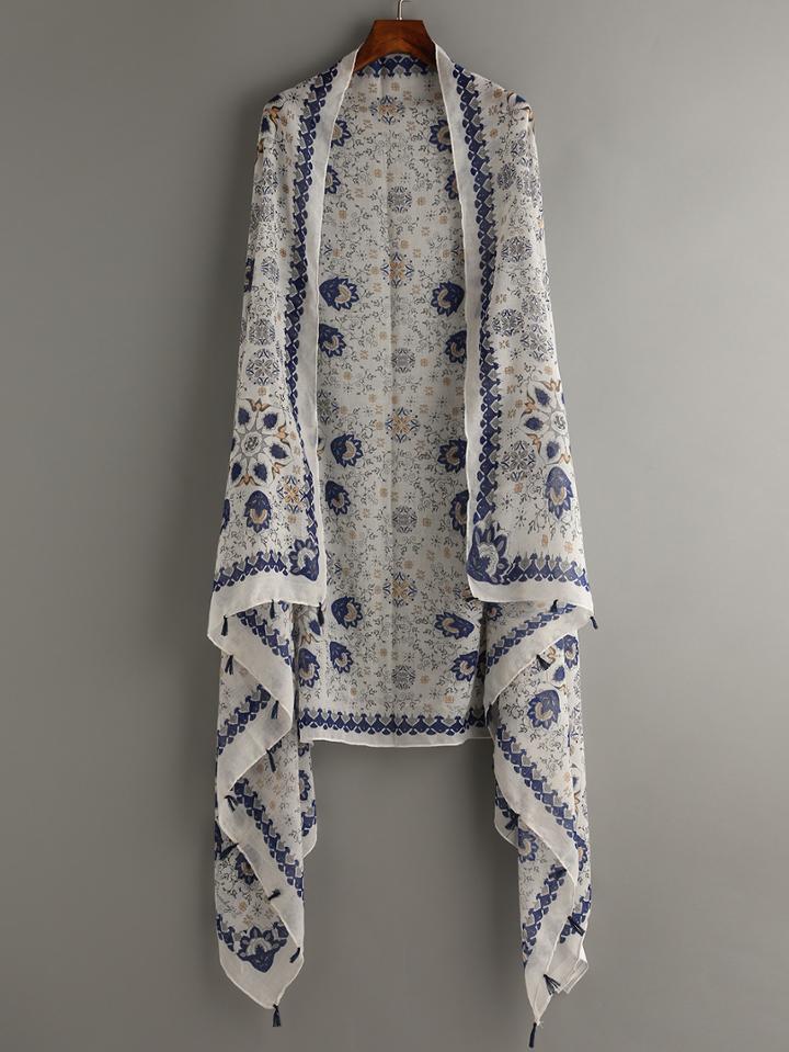 Romwe White Printed Tassel Trimmed Shawl