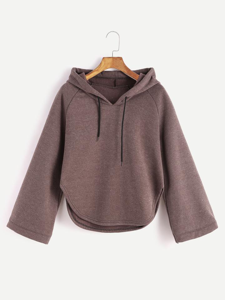 Romwe Brown Hooded Raglan Sleeve Curved Hem Sweatshirt