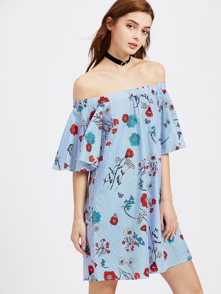 Romwe Elasticized Off Shoulder Flutter Sleeve Floral Striped Dress