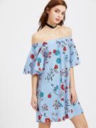 Romwe Elasticized Off Shoulder Flutter Sleeve Floral Striped Dress