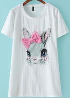 Romwe With Bead Bow Ribbit Pattern White T-shirt