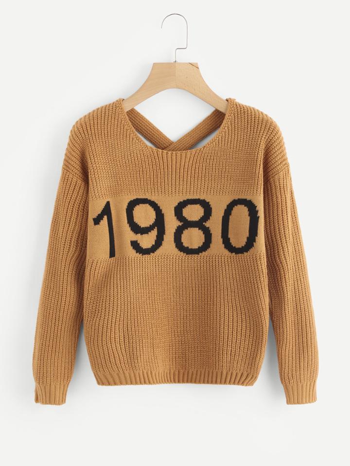 Romwe Criss Cross Back Number Knit Sweater