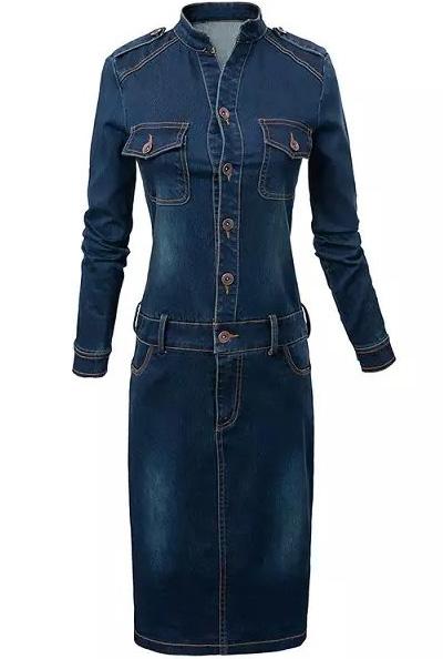 Romwe Navy Stand Collar Bleached Epaulet Denim Dress