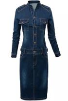 Romwe Navy Stand Collar Bleached Epaulet Denim Dress