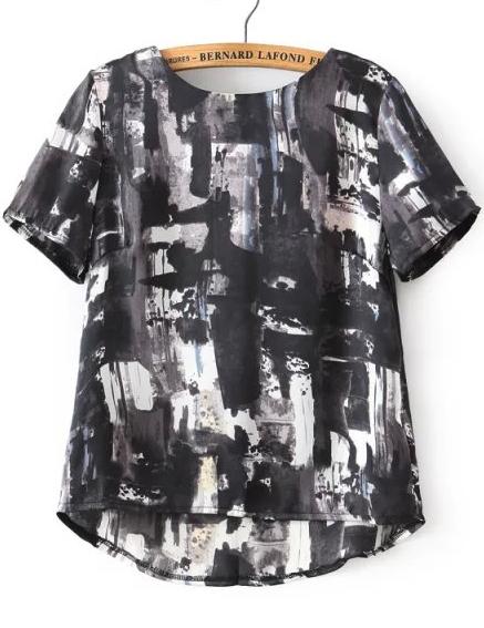 Romwe Black Short Sleeve Dip Hem Loose Blouse
