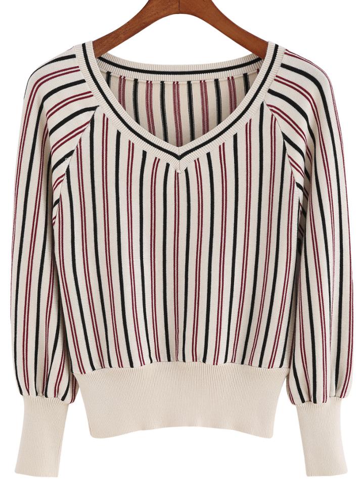 Romwe V Neck Vertical Striped Apricot Sweater