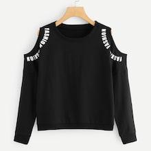 Romwe Letter Print Cold Shoulder Sweatshirt