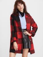 Romwe Black And Red Checkered Belted Cuff Double Breasted Coat