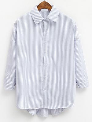 Romwe Blue Pointed Collar Vertical Striped Dip Hem Blouse