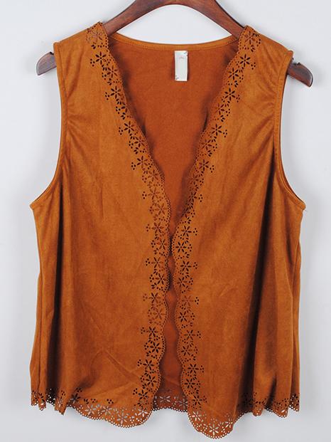 Romwe Crochet Hollow Khaki Vest