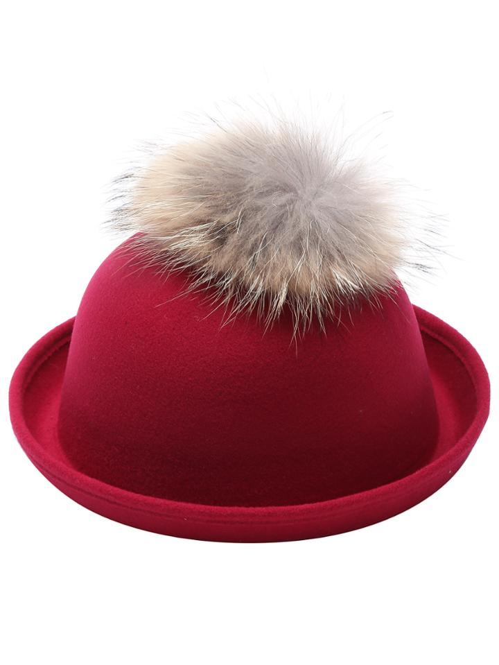 Romwe Red Pom Pom Felt Bowler Hat