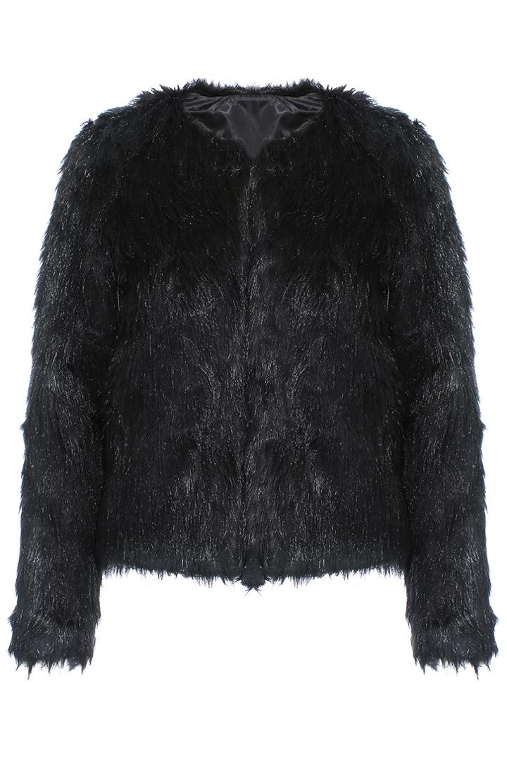 Romwe Faux Fur Embellished Sheer Black Coat