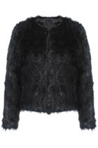 Romwe Faux Fur Embellished Sheer Black Coat