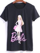 Romwe Barbie Print Loose Black T-shirt