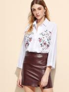 Romwe White Flower Embroidery Button Shirt
