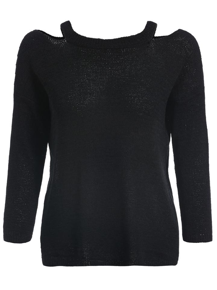 Romwe Open Shoulder Dip Hem Sweater