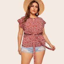 Romwe Plus Keyhole Neck Knot Calico Blouse