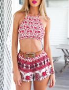 Romwe Halter Elephant Print Crop Top With Shorts