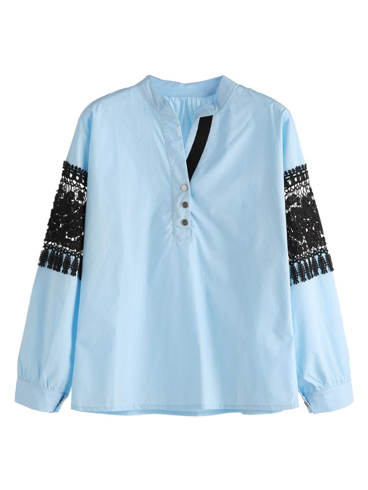 Romwe Blue Contrast Lace Crochet Sleeve Blouse With Button