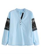 Romwe Blue Contrast Lace Crochet Sleeve Blouse With Button