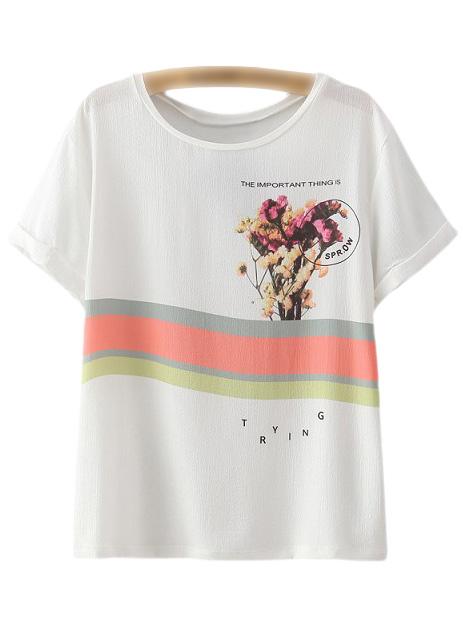 Romwe Multicolor Round Neck Roll Cuff Print Blouse